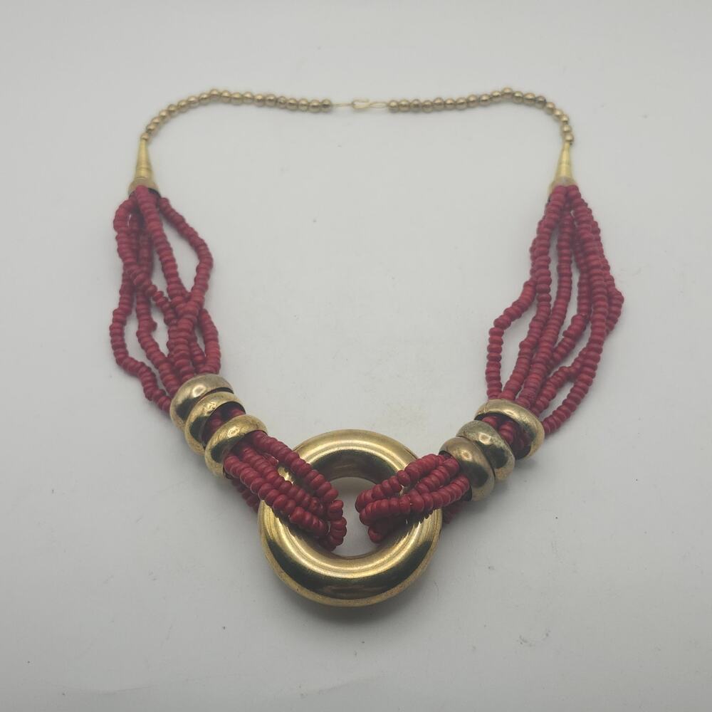 Red Multi Strand Beaded Statement Necklace Gold Tone‎ Donut Pendant Boho Bib